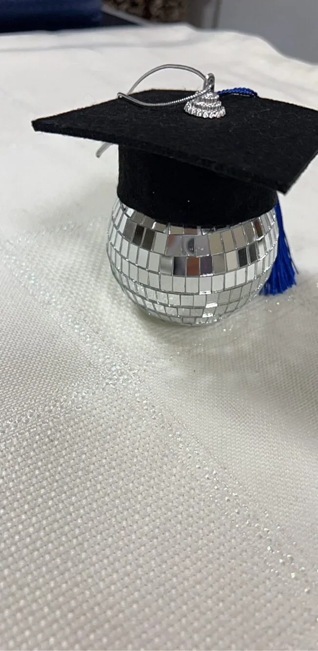 Graduation Cap Blue Tassel Mini Disco Ball Ornament